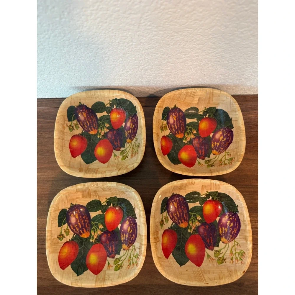 Vintage Set of 4 Bamboo Woven Handpainted Vegetable Bowls 6